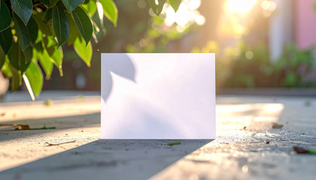 A white card on the ground receives dappled sunlight from overhead green foliage. Clear details and vibrant co...の素材