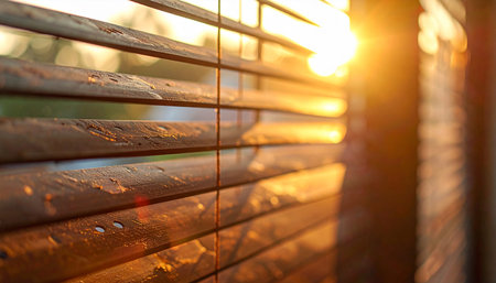 Warm sunlight filters through wooden blinds, creating a lens flare and bokeh effect with golden hues.の素材