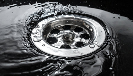 Water flowing into a stainless steel sink drain with dark reflections and ripples Clear details and vibrant co...の素材