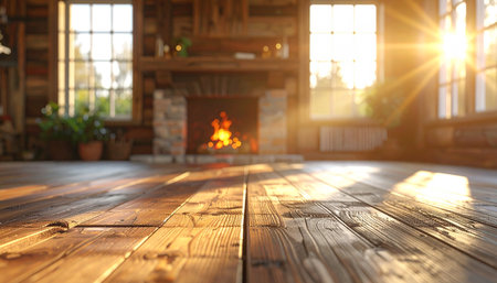 Sunbeams create patterns on a wooden floor in a rustic cabin, with a fireplace and windows visible in the...の素材
