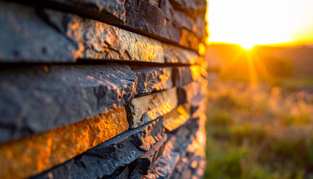 Close-up of a stacked stone wall with a golden sunset and field in the background Clear details and vibrant co...の素材