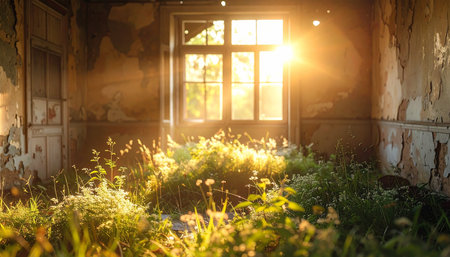 Bright sunlight fills an abandoned room, casting rays onto dense green plants growing indoors.の素材
