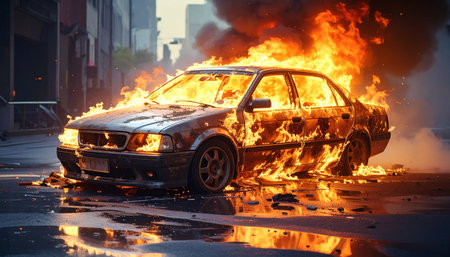 A car is engulfed in intense flames on a wet city street. Clear details and vibrant colors enhance visual app...の素材