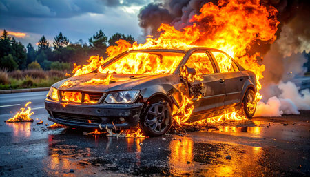 A car burns intensely on a road with trees and a dramatic sky. Clear details and vibrant colors enhance visua...の素材