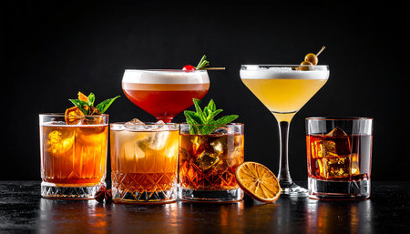 Shot showing assortment of cocktails and whiskey drinks with garnishes on dark surface keywords: alcoholic,...の素材