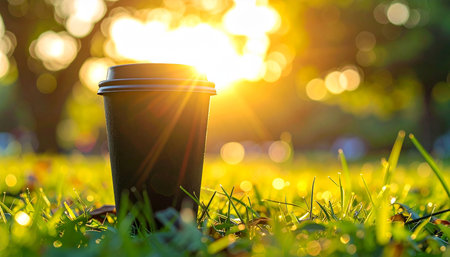 A black disposable coffee cup rests on green grass with bright sunbeams. Clear details and vibrant colors enh...の素材
