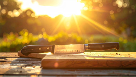 A chef's knife rests on a wooden cutting board with sun flares in the background.の素材