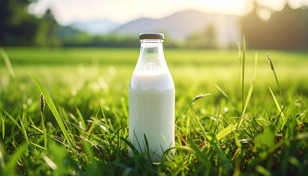 A glass bottle of milk is placed in tall green grass with a soft, sunlit background.の素材