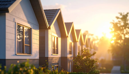 Modern houses with angled roofs illuminated by a warm golden sunset Clear details and vibrant colors enhance ...の素材