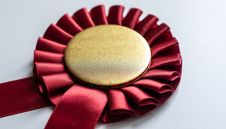 A close up of a red satin ribbon rosette award with a gold circular center. Clear details and vibrant colors ...の素材
