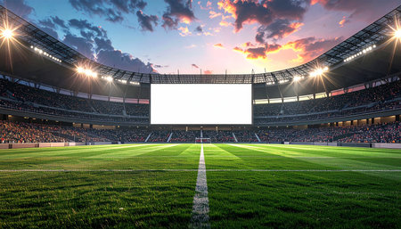 A bright white screen is in a full stadium with spectators at sunset with dramatic clouds.の素材