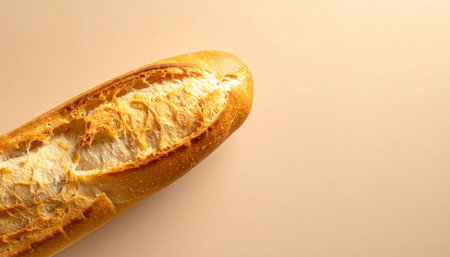 Detailed close-up of a golden brown baguette with a crusty exterior on a plain backgroundの素材