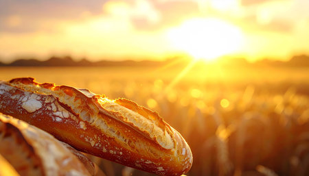A crusty baguette rests in a wheat field during a golden sunset. Clear details and vibrant colors enhance vis...の素材