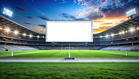 An empty soccer stadium at sunset with a large blank billboard and dramatic clouds in the sky.の素材