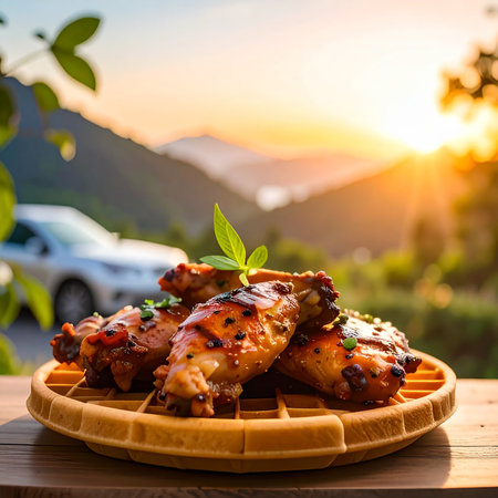 Close up of grilled chicken wings on a waffle with a mountain sunset. Clear details and vibrant colors enhanc...の素材