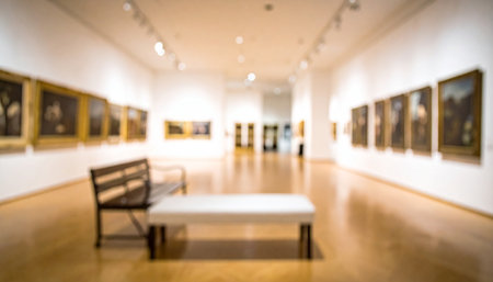 An art gallery interior with rows of framed paintings and seating benches. Clear details and vibrant colors e...の素材
