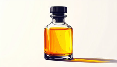 Amber showing a small glass bottle filled with amber liquid and a black cap on a white background keywords:...の素材