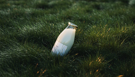 A glass bottle of milk rests in vibrant green grass, bathed in warm sunset light.の素材