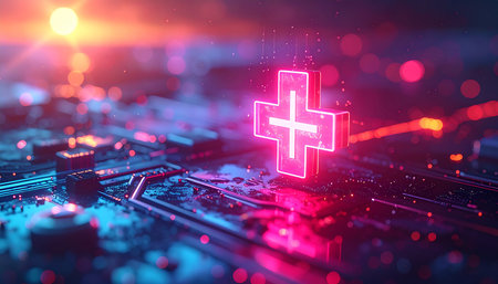 A glowing neon plus sign hovers over a detailed circuit board with vibrant bokeh lights.の素材