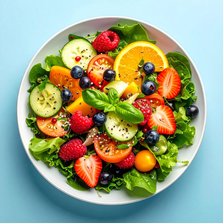 A healthy fruit and vegetable salad with strawberries, blueberries, cucumber, and basil on a blue surface.の素材