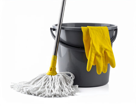 A grey bucket with yellow gloves and a white string mop on a white background. Clear details and vibrant colo...の素材