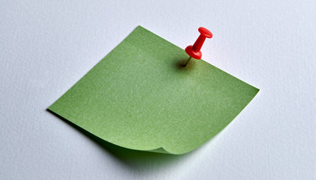 Note showing green square sticky note pinned to a white surface with a red pushpin. High resolution image...の素材