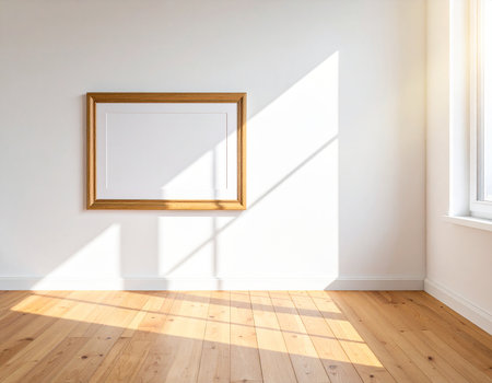 Horizontal framed artwork on white wall with sunlight and shadows on wooden floorの素材