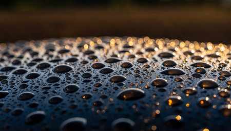 Photo showing macro view of water droplets on a dark surface reflecting golden sunlight. High resolution...の素材