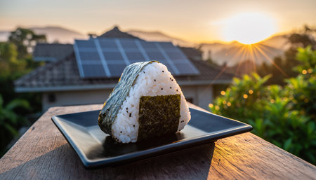 Photography showing onigiri rice ball wrapped in nori seaweed on a black plate with solar panels in...の素材