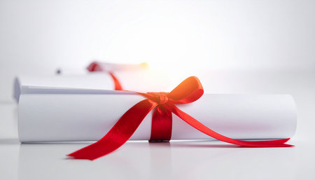 Several rolled certificates, each tied with a red ribbon, are arranged on a white surface.の素材