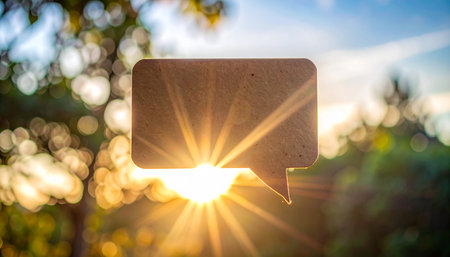 A rectangular speech bubble is illuminated by a sunburst with a blurred natural background.の素材