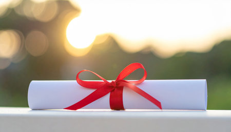 A rolled certificate with a red ribbon bow sits on a white surface with a blurred green background.の素材