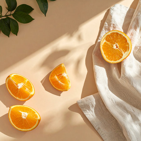 Sliced oranges and fabric are arranged with sunlight, shadows, and green leaves in a still life.の素材