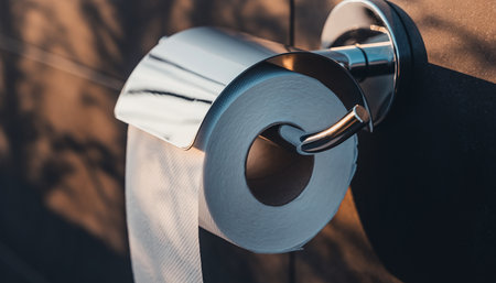 A toilet paper roll with a chrome cover on a holder is mounted on a dark wall. Clear details and vibrant colo...の素材