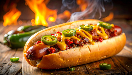 A chili cheese hot dog with jalapenos and mustard is presented with flames and smoke in the background.の素材