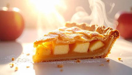 A steaming slice of apple pie with apples in the background and sunlight. Clear details and vibrant colors en...の素材