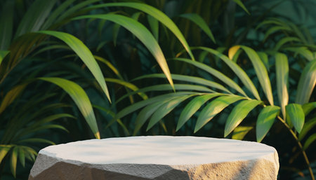A textured stone pedestal is in front of lush green tropical leaves with soft lighting.の素材