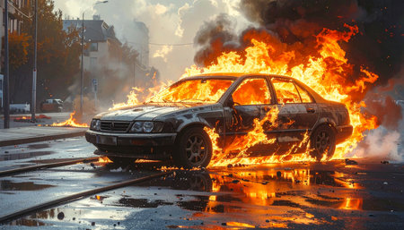 A dark sedan is engulfed in intense orange flames on a wet, reflective city street.の素材