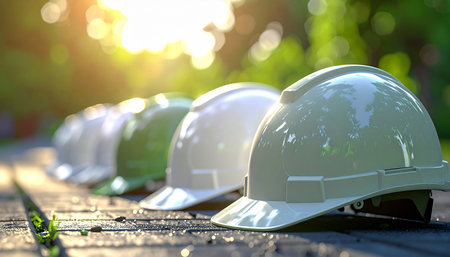 Industrial showing row of construction hard hats lined up outdoors with sunlight and greenery keywords: hard...の素材
