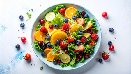 A colorful fruit salad with strawberries, blueberries, oranges, and lettuce in a light blue bowl.の素材