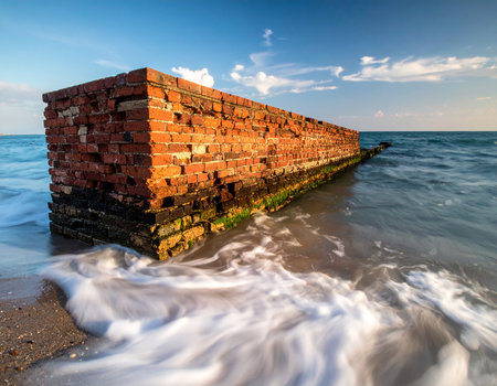 A weathered brick seawall juts into the ocean with waves lapping at its base. Clear details and vibrant color...の素材