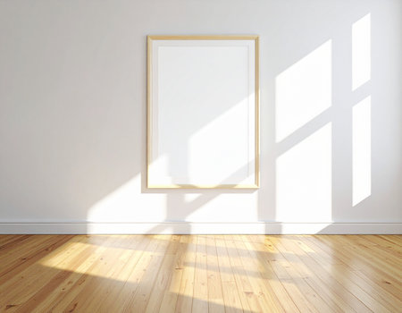 Vertical blank picture frame on white wall with sunlight and shadows on floor Clear details and vibrant color...の素材