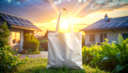 White tote bag in a sunny garden with houses and solar panels in the background. Clear details and vibrant co...の素材
