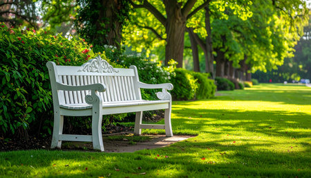 A white ornate bench is positioned in a sunlit garden with a manicured lawn and treesの素材