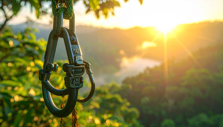 A zipline carabiner and rope are in focus against a sunset over a green landscape.の素材