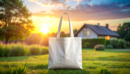 White tote bag mockup in a sunny rural landscape with a house at sunset. Clear details and vibrant colors enh...の素材