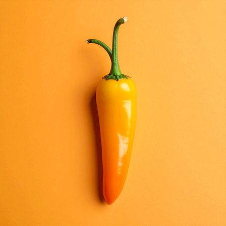 A single, elongated yellow chili pepper with a green stem is positioned vertically against a vibrant orange...の素材