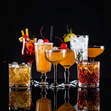Drink showing assortment of colorful alcoholic cocktails with garnishes on black background keywords:...の素材