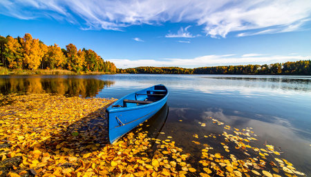 A blue boat is on a lake with fallen autumn leaves and colorful trees in the background.の素材