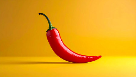A bright red chili pepper rests on a yellow surface against a plain yellow background.の素材